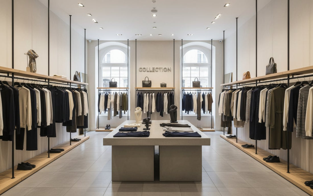 Elegancki butik z markowymi ubraniami na wieszakach w nowoczesnym wnętrzu