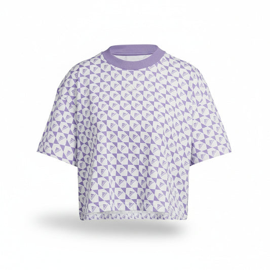 Adidas Checkerboard Print Ribbed Collar Tee White Violet, Women