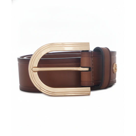 Michael Kors Wide Leather Belt Luggage Gold Buckle, Women
