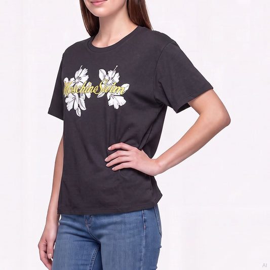 Moschino Floral Script Cotton T-shirt Black (A07029415-0555), Women