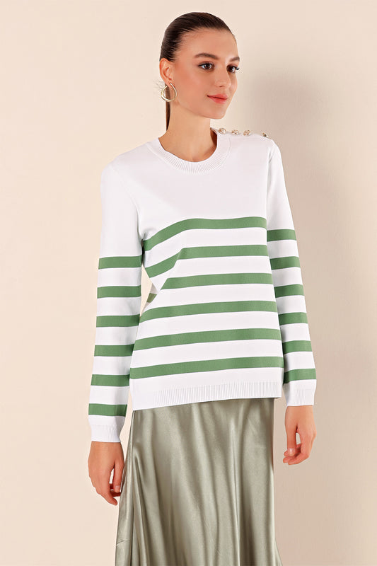 Bigdart Button Detailed Striped Sweater - C. Çağla Almond Green Women