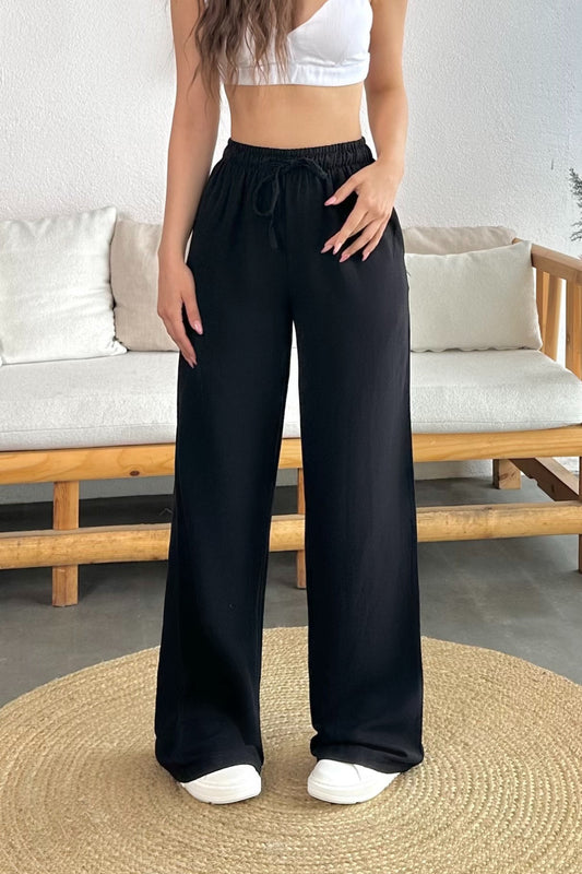 BİKELİFE Linen Women's Summer Trousers - Elastic Waist, Pockets, Wide Cut Black Women