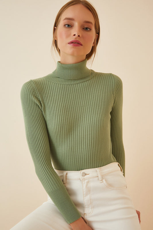 Happiness İstanbul Women's Green High-Rise Ribbed Lycra Sweater Light Green Women