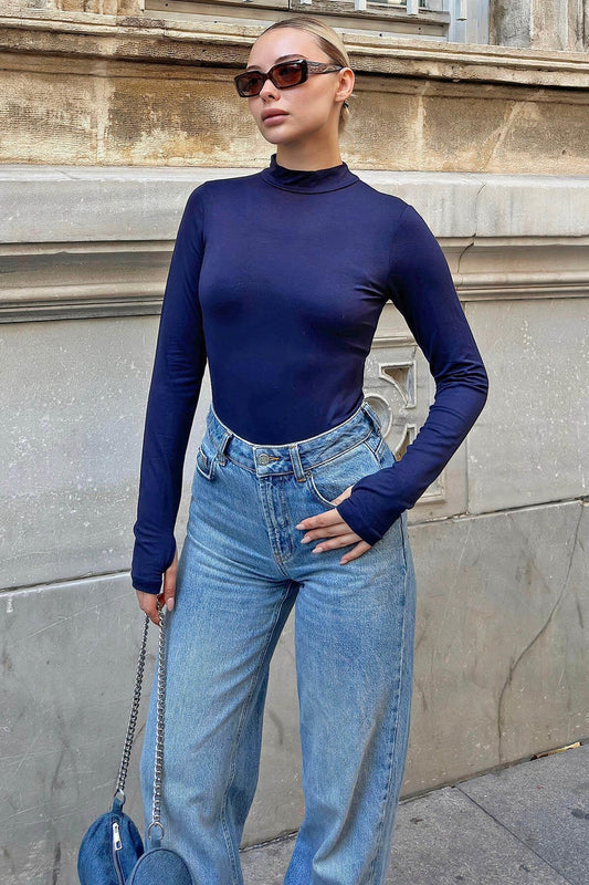 Swist Navy Blue Poi Finger Detailed Half Fisherman Women's Body Blouse Women