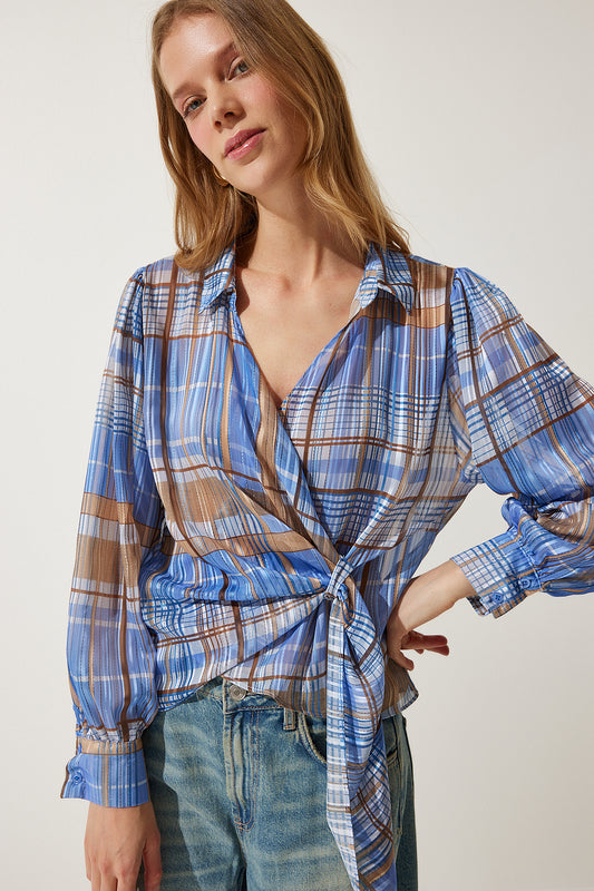Happiness İstanbul Women's Blue Glittery Yarn Checked Shirt Women