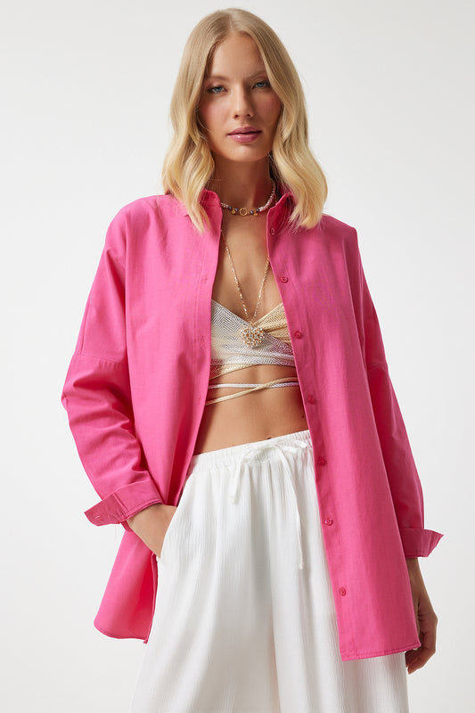Happiness İstanbul Women's Dark Pink Oversize Long Basic Shirt Women
