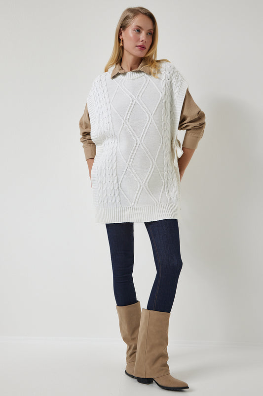 Happiness İstanbul Women's Ecru Tie Detailed Oversize Knitwear Sweater Women
