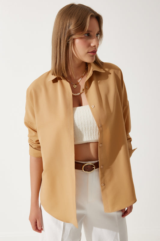 Happiness İstanbul Women's Camel Oversize Long Basic Shirt Women