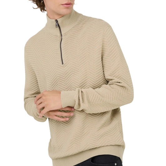 Only & Sons Mace Herringbone Knit Half Zip Sweater (22033301-SILVERLININ) Men