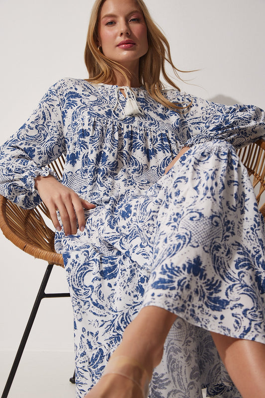 Happiness İstanbul Patterned Oversize Summer Dress Blue White Women