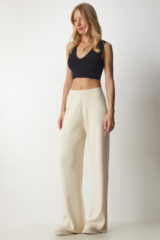 Happiness İstanbul Women's Cream Ribbed Knitwear Trousers Nude Color Women