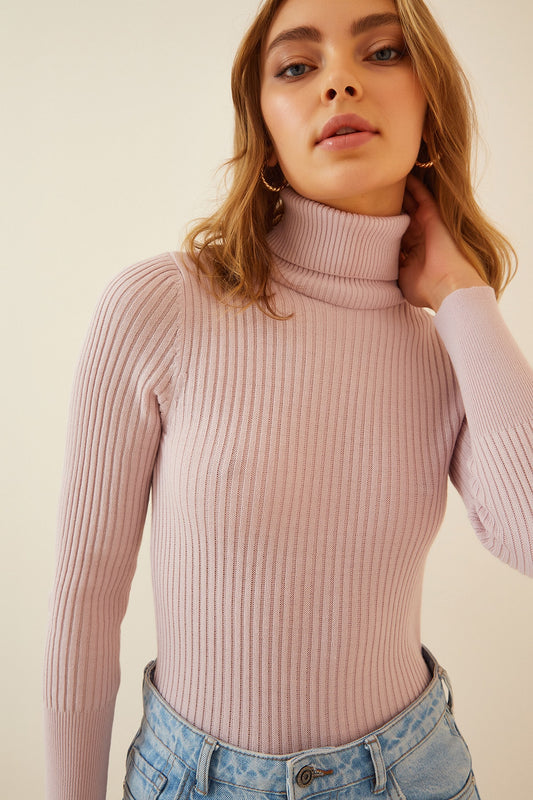 Happiness İstanbul Women's Powder Turtleneck Corded Lycra Sweater Women