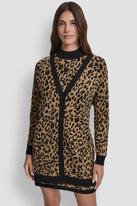 DKNY Long Sleeve V-Neck Cardigan Whisky/Black (DJ5R0804NPX) Women