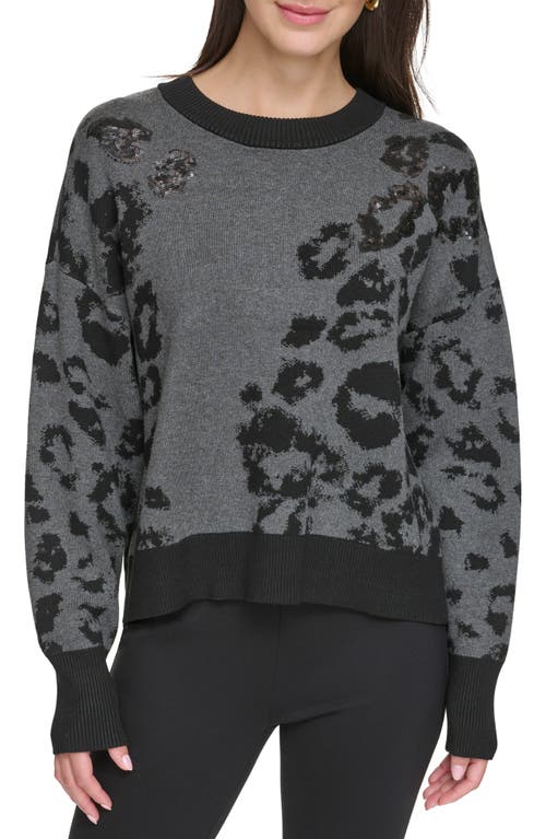 DKNY Long Sleeve Sequin Animal Sweater Granite Heather/Black (P3MSCJ62EVX) Women